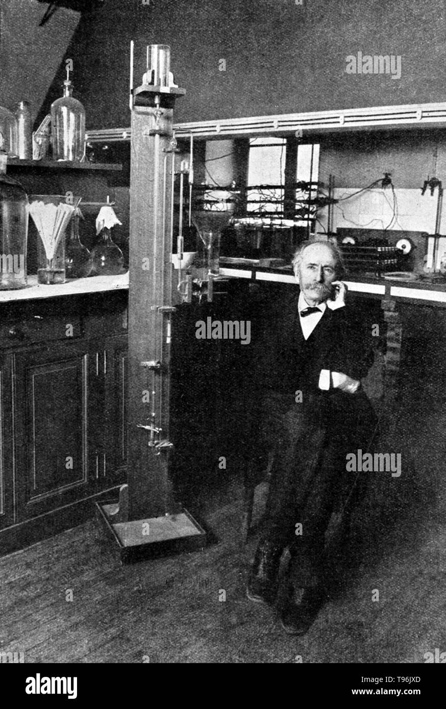 Berthelot in seated in his laboratory. Pierre Eugène Marcellin Berthelot (October 25, 1827 - March 18, 1907) was a French chemist and politician noted for the Thomsen-Berthelot principle of thermochemistry which argued that all chemical changes are accompanied by the production of heat and that processes which occur will be ones in which the most heat is produced. He synthesized many organic compounds from inorganic substances and disproved the theory of vitalism. Stock Photo