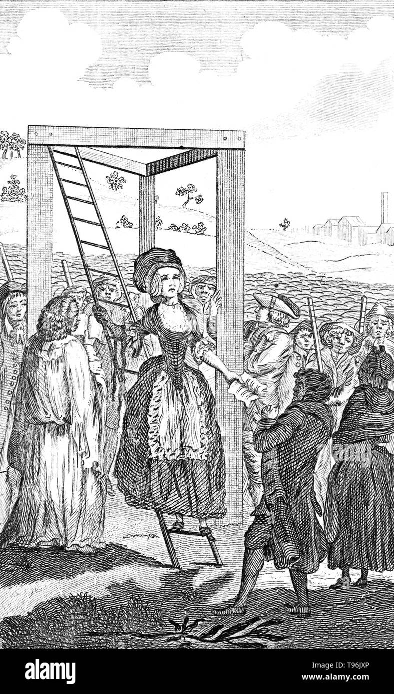 The execution of Miss Mary Blandy, for the murder of her father, with the Rev. Swinton in attendance. Mary Blandy (1720 - April 6, 1752) was an English murderer. In 1751, she poisoned her father, Francis Blandy. She claimed that she thought the arsenic was a love potion that would make her father approve of her relationship with William Henry Cranstoun, an army officer and son of a Scottish nobleman. Stock Photo