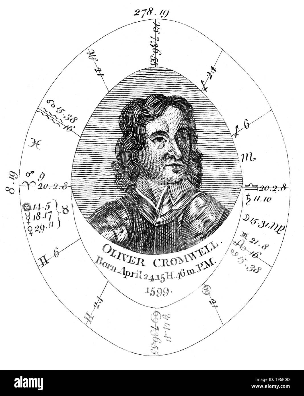 Astrological birth chart for Oliver Cromwell by Ebenezer Sibly, undated. Oliver Cromwell (April 25, 1599 - September 3, 1658) was an English military and political leader. He served as Lord Protector of the Commonwealth of England, Scotland, and Ireland from 1653 until his death, acting simultaneously as head of state and head of government of the new republic. Stock Photo