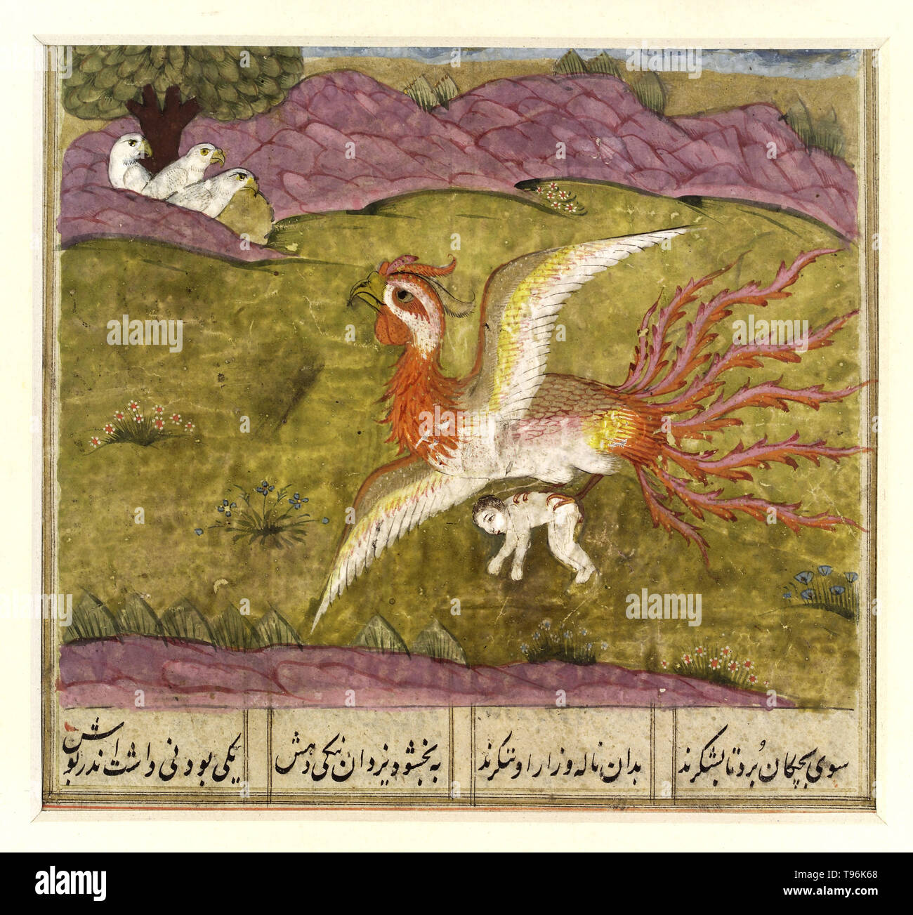 The Simurgh, a benevolent Persian mythological creature, carrying Zal to her nest. From Shah Namah (or Shahnameh), the Book of Kings, a 10th century epic by Persian poet Abu ?l-Qasim Firdowsi Tusi (c. 940–1020), or Ferdowsi (also transliterated as Firdawsi, Firdusi, Firdosi, Firdausi). It is the world's longest epic poem created by a single poet, and the national epic of Greater Iran. Stock Photo