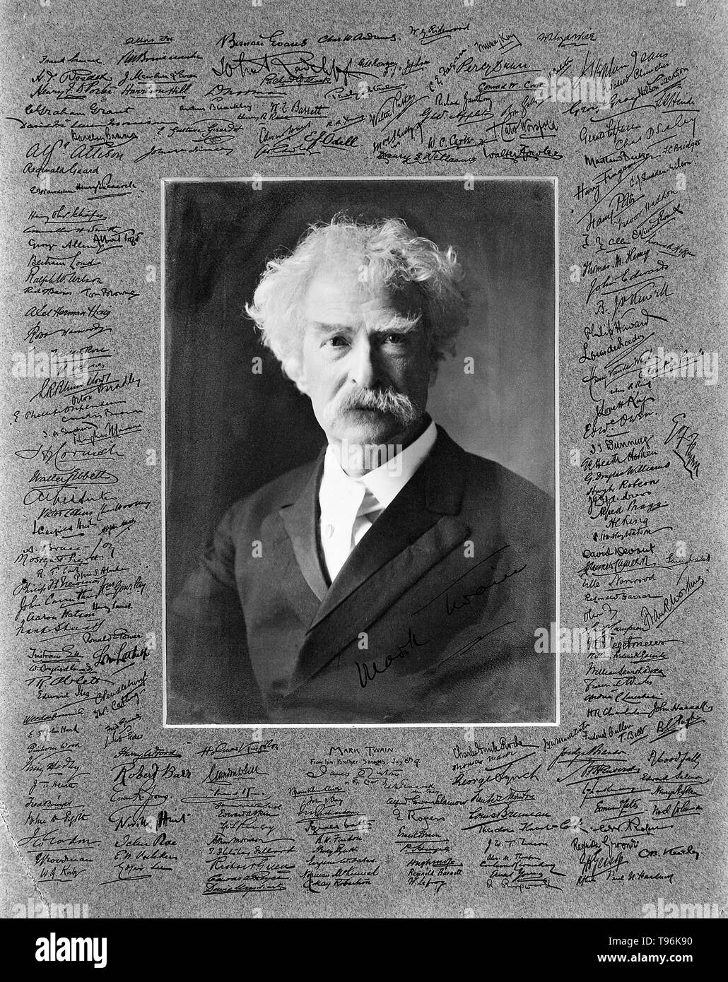 Samuel Langhorne Clemens (November 30, 1835 - April 21, 1910) better known by his pen name Mark Twain, was an American author and humorist. He is most noted for his novels, The Adventures of Tom Sawyer (1876), and its sequel, Adventures of Huckleberry Finn (1885) often called the Great American Novel. He achieved great success as a writer and public speaker. His wit and satire earned praise from critics and peers, and he was a friend to presidents, artists, industrialists, and European royalty. Stock Photo