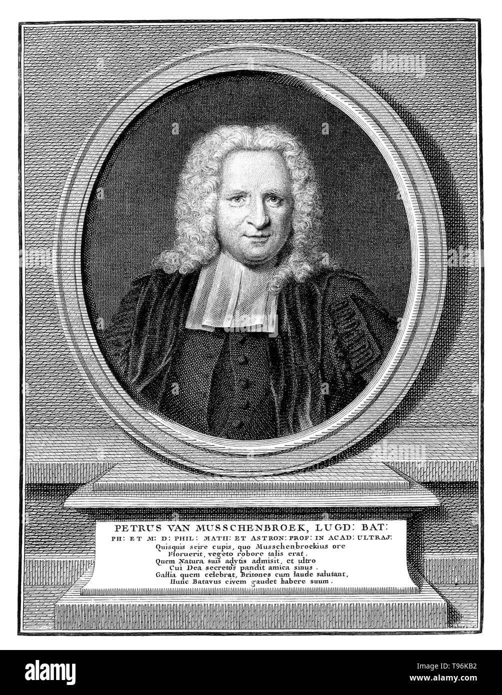 Pieter van Musschenbroek (March 14,1692 - September 19, 1761) was a Dutch scientist. He was a professor in Duisburg, Utrecht, and Leiden, where he held positions in mathematics, philosophy, medicine, and astronomy. He is credited with the invention of the first capacitor in 1746: the Leyden jar. He communicated this discovery to René Réaumur, and it was Abbé Nollet, the translator of Musschenbroek's letter from Latin, who named the invention the Leyden jar. Stock Photo