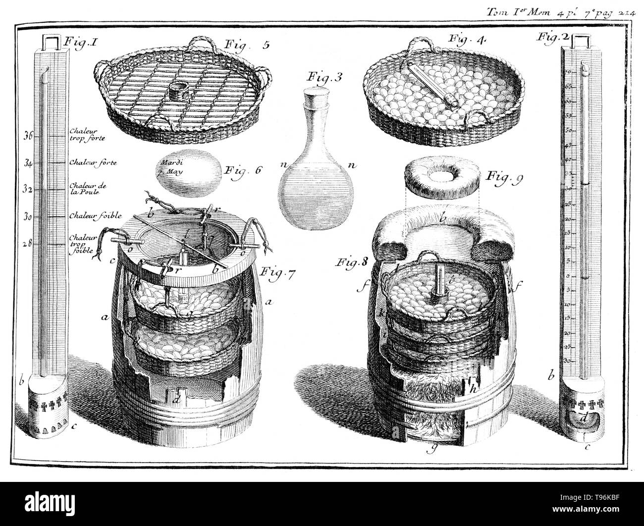 Method for incubation of poultry eggs. Plate 7, page 214. René Antoine Ferchault de Réaumur (February 28, 1683 - October 17, 1757) was a French scientist who contributed to many different fields, especially the study of insects. In 1699 he studied civil law and mathematics. In 1703 he went to Paris, where he continued the study of mathematics and physics, and in 1708 was elected, at the age of 24, a member of the Académie des Sciences. Stock Photo