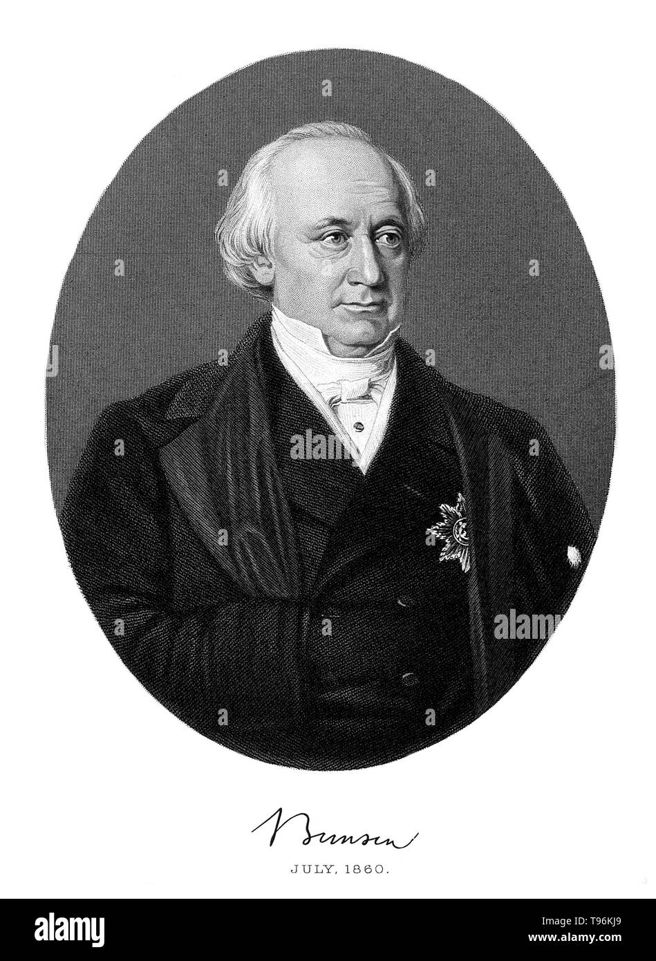 Robert Wilhelm Eberhard Bunsen (March 30, 1811 - Augus 16, 1899) was a German chemist. He investigated emission spectra of heated elements, and discovered caesium (in 1860) and rubidium (in 1861) with the physicist Gustav Kirchhoff. Bunsen developed several gas-analytical methods, was a pioneer in photochemistry, and did early work in the field of organoarsenic chemistry. Stock Photo