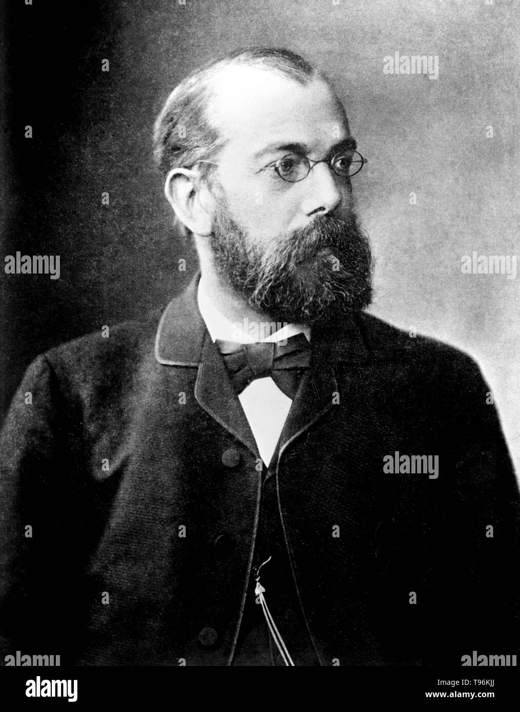 Heinrich Hermann Robert Koch (December 11, 1843 - May 27 1910) was a German physician and microbiologist. As the founder of modern bacteriology, he identified the specific causative agents of tuberculosis, cholera, and anthrax and gave experimental support for the concept of infectious disease, which included experiments on humans and animals. Koch created and improved laboratory technologies and techniques in the field of microbiology, and made key discoveries in public health. Stock Photo