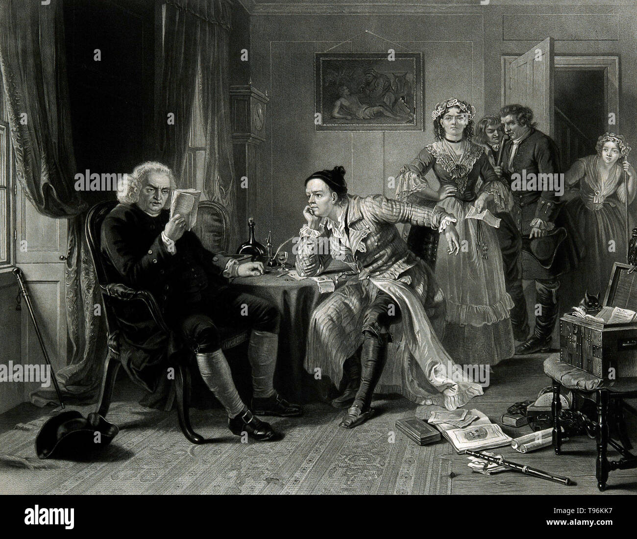 Samuel Johnson reading the manuscript of Oliver Goldsmith's ''The Vicar of Wakefield'', whilst a baliff waits with the landlady. Samuel Johnson (September 18, 1709 - December 13, 1784), often referred to as Dr. Johnson, was an English author who made lasting contributions to English literature as a poet, essayist, moralist, literary critic, biographer, editor and lexicographer. Johnson was a devout Anglican and committed Tory. He is the subject of James Boswell's Life of Samuel Johnson. Stock Photo