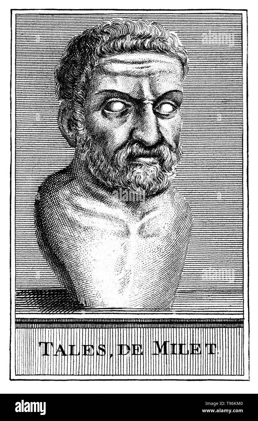 Thales of Miletus (624-546 BC) was a pre-Socratic Greek philosopher, mathematician, astronomer, the first identifiable scientist and one of the Seven Sages of Greece. Thales attempted to explain natural phenomena without reference to mythology and was tremendously influential in this respect. Thales' rejection of mythological explanations became an essential idea for the scientific revolution. Stock Photo