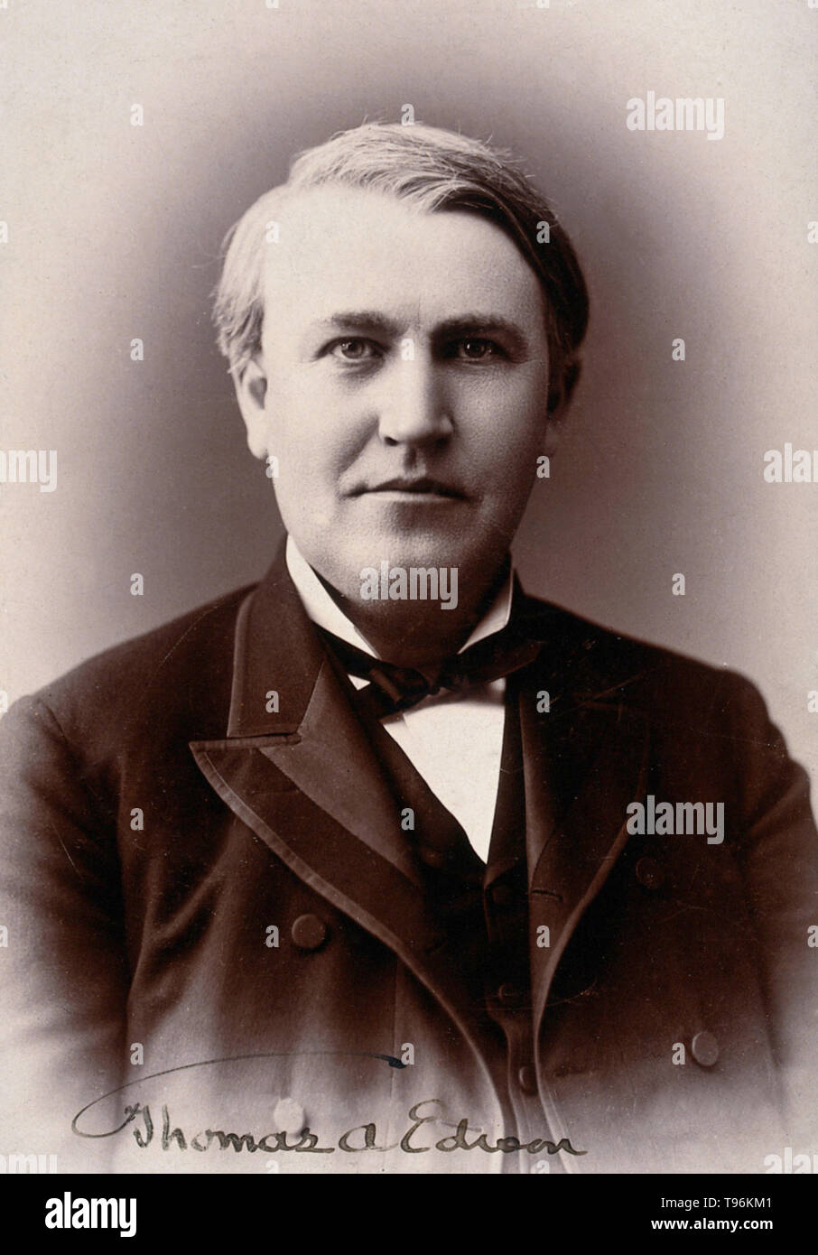 Thomas Alva Edison (February 11, 1847 - October 18, 1931) was an American inventor and businessman. He developed many devices that greatly influenced life around the world, including the phonograph, the motion picture camera, and a long-lasting, practical electric light bulb. He was one of the first inventors to apply the principles of mass production and large teamwork to the process of invention, and therefore is often credited with the creation of the first industrial research laboratory. Stock Photo