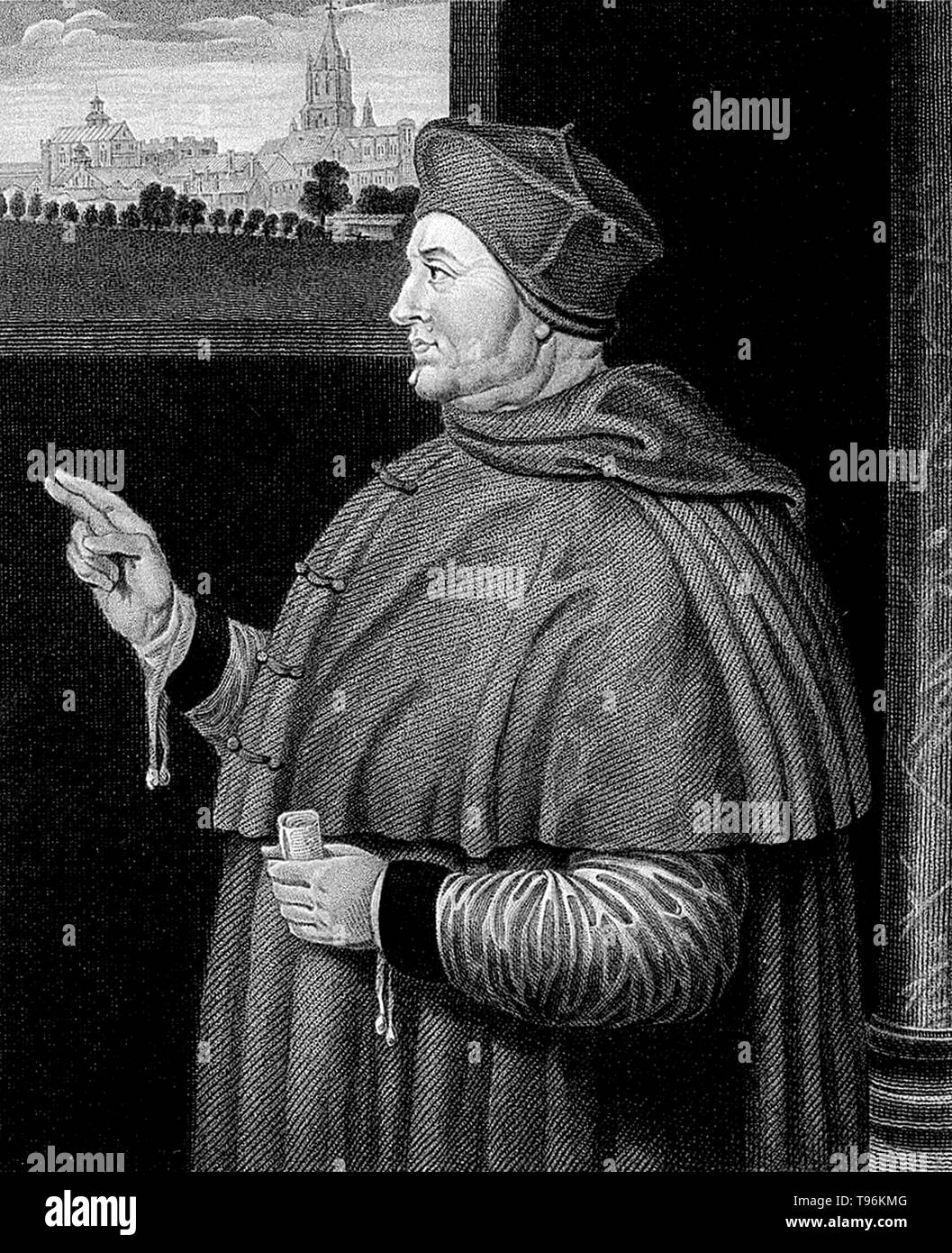 Thomas Wolsey (March 1473 - November 29, 1530) was an English churchman, statesman and a cardinal of the Catholic Church. When Henry VIII became King of England in 1509, Wolsey became the King's almoner. His affairs prospered, and by 1514 he was the controlling figure in virtually all matters of state and was extremely powerful within the Church. The highest political position he attained was Lord Chancellor, the King's chief adviser. Stock Photo