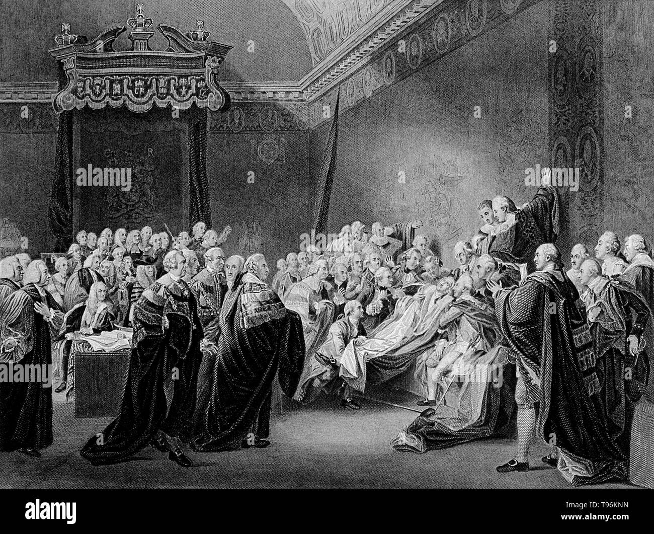 The death of William Pitt, Lord Chatham, in the Upper Chamber of the Palace of Westminster, 1778.  William Pitt, 1st Earl of Chatham (November 15, 1708 - May 11, 1778) was a British statesman of the Whig party. Much of his power came from his brilliant oratory. He was out of power for most of his career and became well known for his attacks on the government. Stock Photo