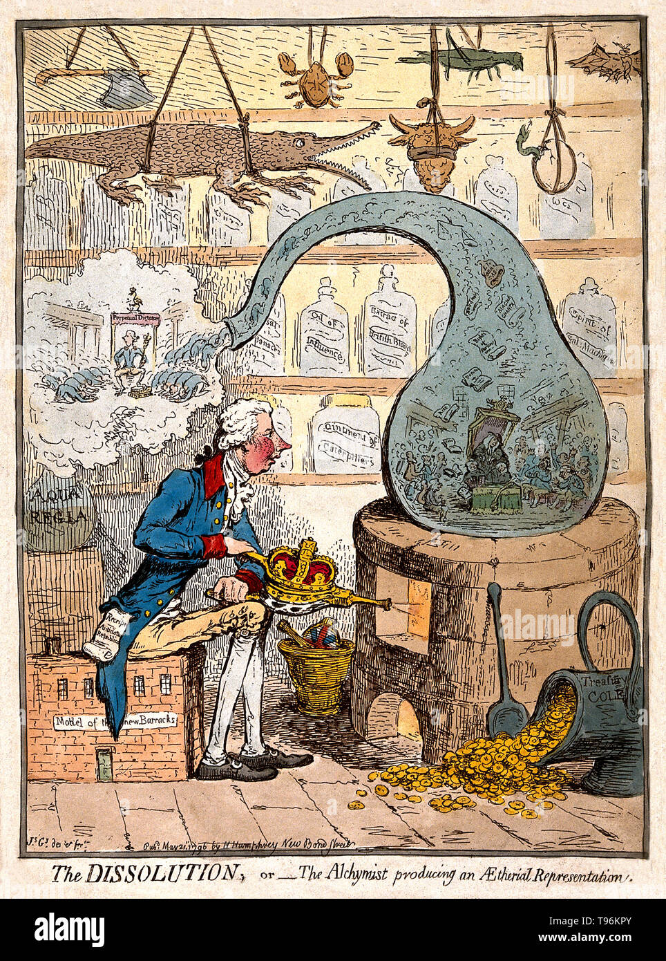 An alchemist using a crown-shaped bellows to blow the flames of a furnace and heat a glass vessel in which the House of Commons is distilled; satirizing the dissolution of parliament by Pitt. William Pitt the Younger (May 28, 1759 - January 23, 1806) was a prominent British Tory statesman. He became the youngest British prime minister in 1783 at the age of 24. He left office in 1801, but was Prime Minister again from 1804 until his death in 1806. Stock Photo