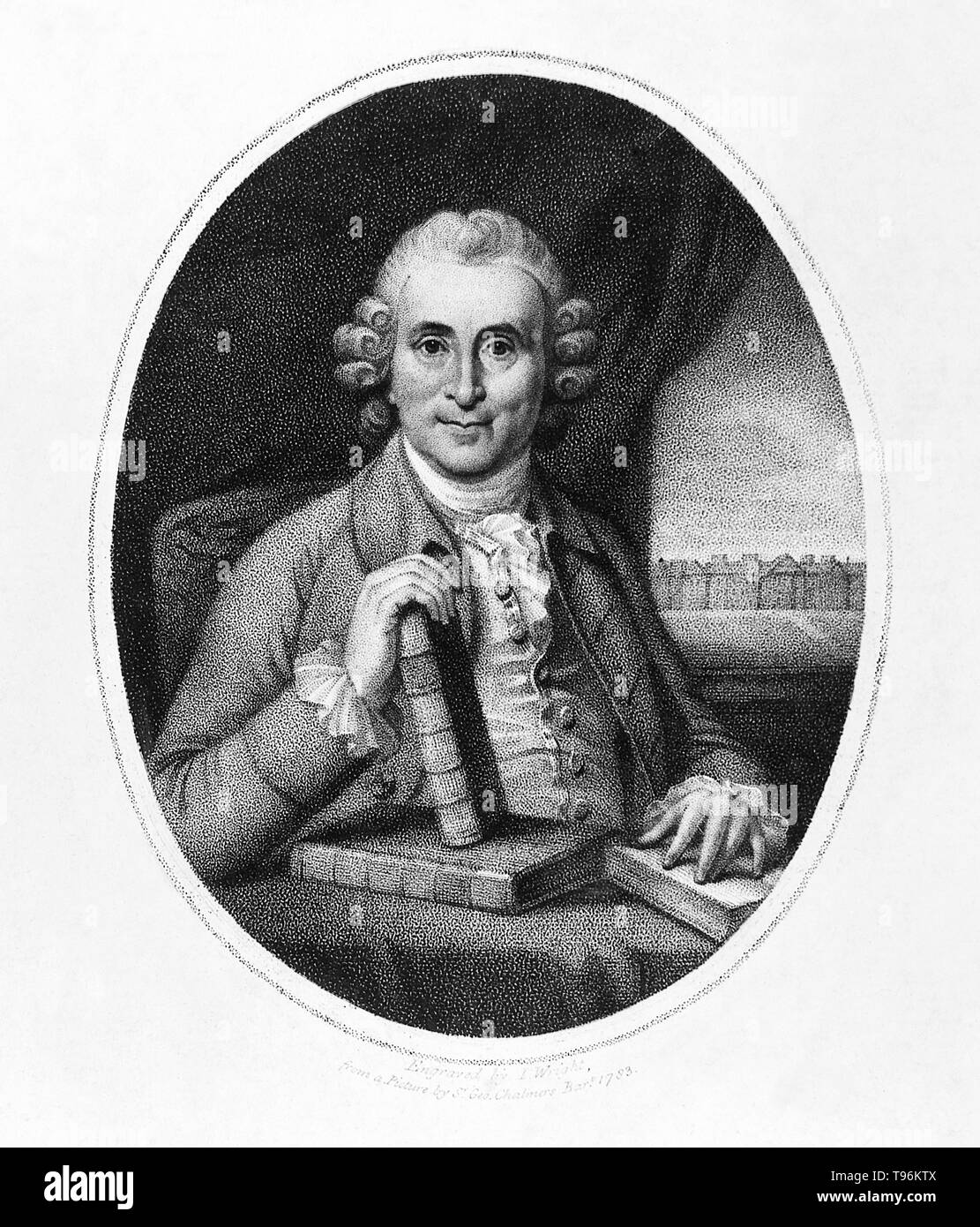 James Lind (1716-1794), Scottish physician who developed the theory that citrus fruits could cure scurvy. He argued for the health benefits of better ventilation aboard naval ships, the improved cleanliness of sailors' bodies, clothing and bedding, and below-deck fumigation with sulphur and arsenic. He also proposed that fresh water could be obtained by distilling sea water. Stipple engraving by J. Wright after Sir G. Chalmers, 1783. Stock Photo