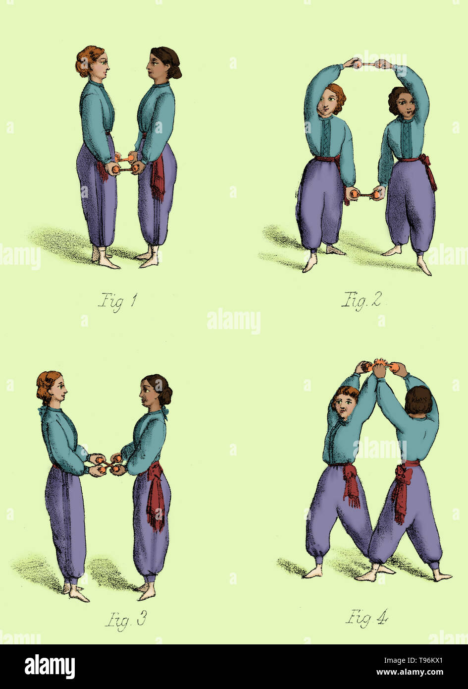 Gymnastics for ladies: a treatise on the science and art of calisthenic and gymnastic exercises by Madame Brenner. The model in this illustration is exercising with a piece of equipment called the Stirrup. Gymnastics is a sport practiced by men and women that requires balance, strength, flexibility, agility, coordination, endurance and control. The movements involved in gymnastics contribute to the development of the arms, legs, shoulders, back, chest and abdominal muscle groups. Stock Photo
