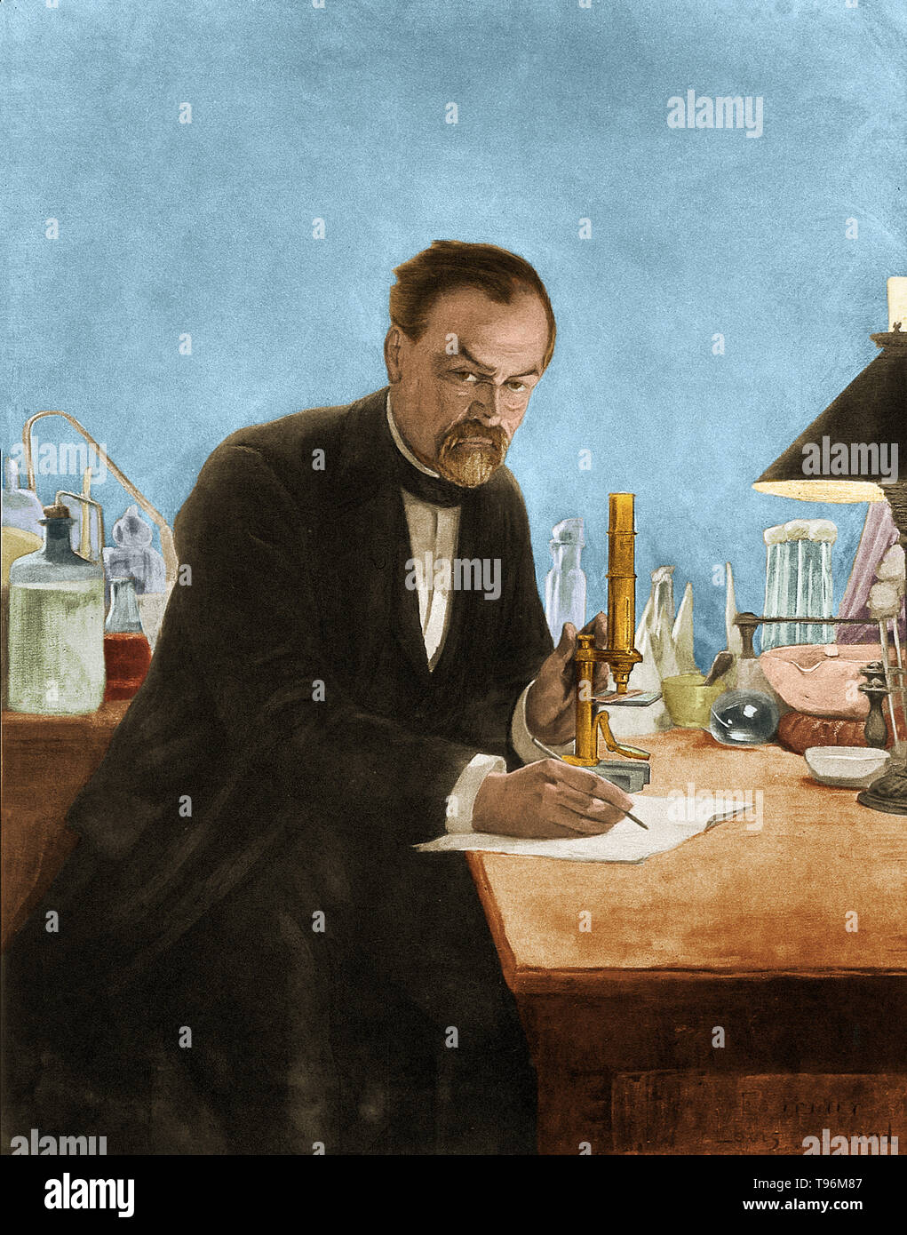 Louis Pasteur in his laboratory. Louis Pasteur (1822 -1895) was a French chemist and bacteriologist who founded the science of microbiology. Pasteur discovered that disease could be caused by bacteria transmitted from person to person (the germ theory of disease). He also developed vaccines for rabies and anthrax. Pasteur also found that lightly heating food and beverages could preserve them from souring. This pasteurization process is now widely used in the food industry. Stock Photo