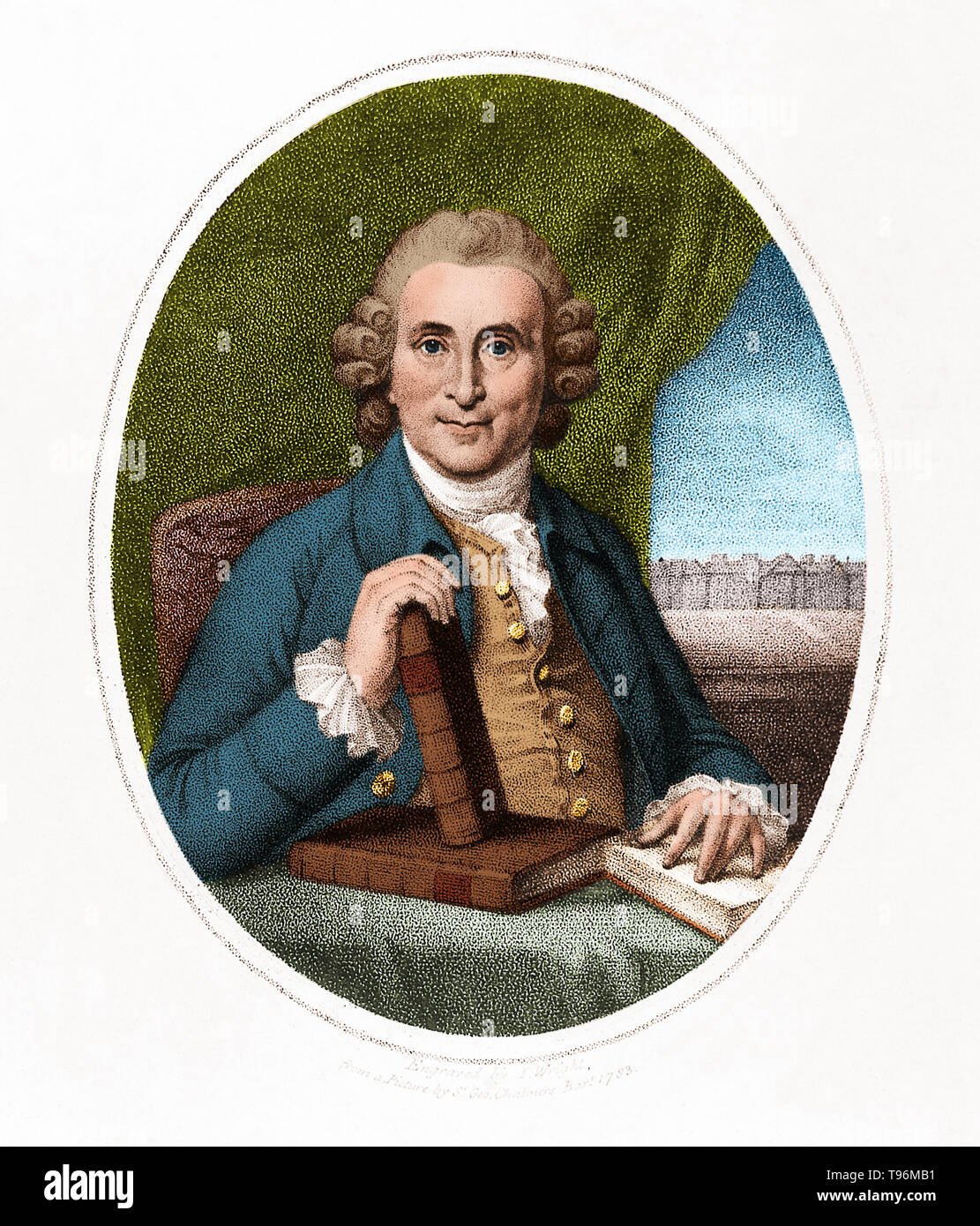 James Lind (1716-1794), Scottish physician who developed the theory that citrus fruits could cure scurvy. He argued for the health benefits of better ventilation aboard naval ships, the improved cleanliness of sailors' bodies, clothing and bedding, and below-deck fumigation with sulphur and arsenic. He also proposed that fresh water could be obtained by distilling sea water. Stipple engraving by J. Wright after Sir G. Chalmers, 1783. Stock Photo