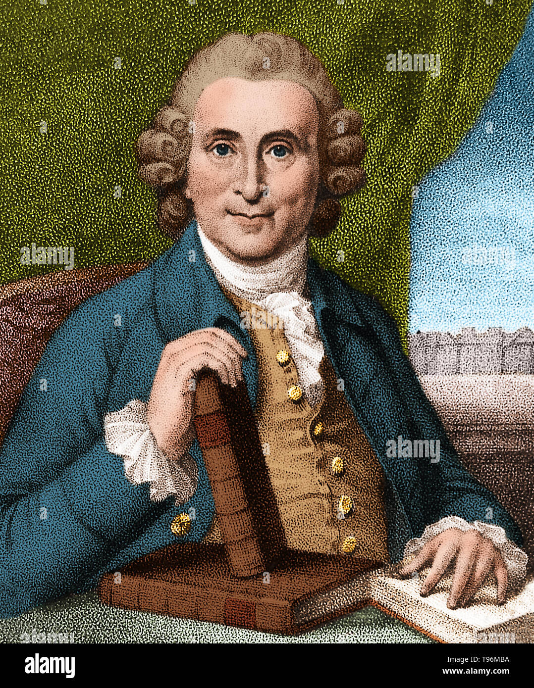 James Lind (1716-1794), Scottish physician who developed the theory that citrus fruits could cure scurvy. He argued for the health benefits of better ventilation aboard naval ships, the improved cleanliness of sailors' bodies, clothing and bedding, and below-deck fumigation with sulphur and arsenic. He also proposed that fresh water could be obtained by distilling sea water. Stipple engraving by J. Wright after Sir G. Chalmers, 1783. Stock Photo