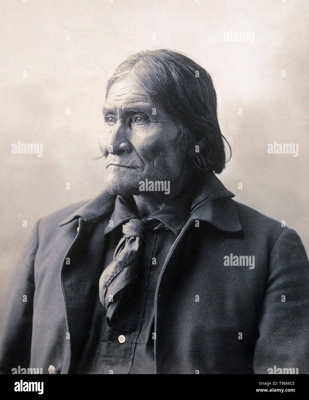 Geronimo (1829 - 1909) was a prominent leader and medicine man from the Bedonkohe band of the Apache tribe. From 1850 to 1886 Geronimo joined with members of three other Chiricahua Apache bands (the Tchihende, the Tsokanende and the Nednhi) to carry out numerous raids as well as resistance to US and Mexican military campaigns in the northern Mexico states of Chihuahua and Sonora, and in the southwestern American territories of New Mexico and Arizona. Stock Photo