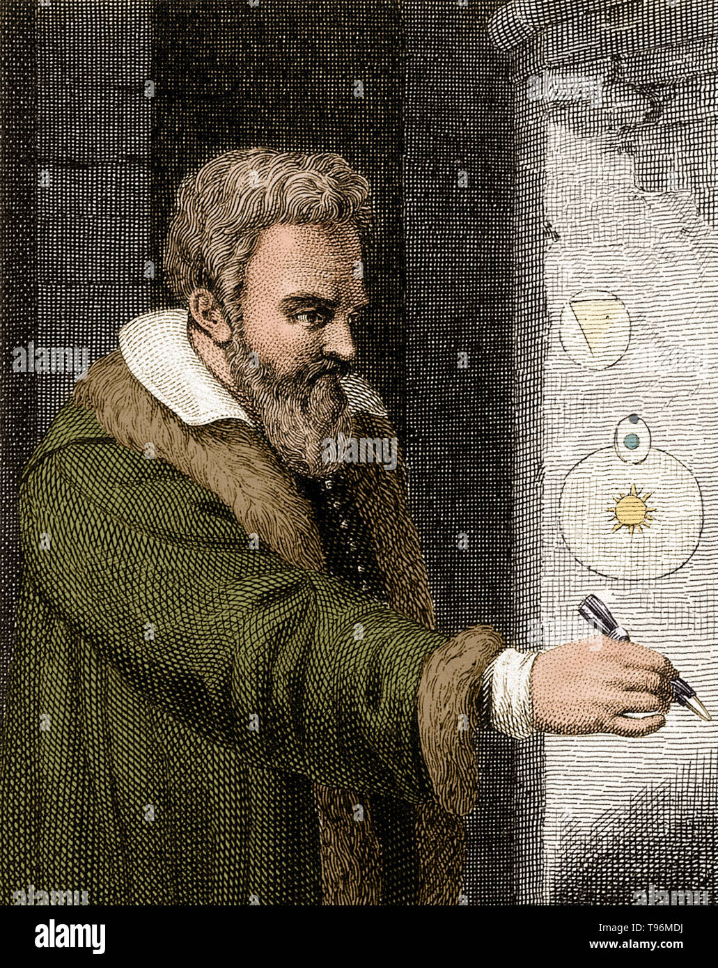 Galileo Galilei (February 15, 1564 - January 8, 1642) was an Italian physicist, mathematician, astronomer, and philosopher who played a major role in the Scientific Revolution. His achievements include improvements to the telescope, important astronomical observations and support for Copernicanism. He discovered the mountains on the Moon, the four largest moons of Jupiter and numerous dim stars. He studied the motion of a pendulum and found that the swings have a constant time period. Stock Photo