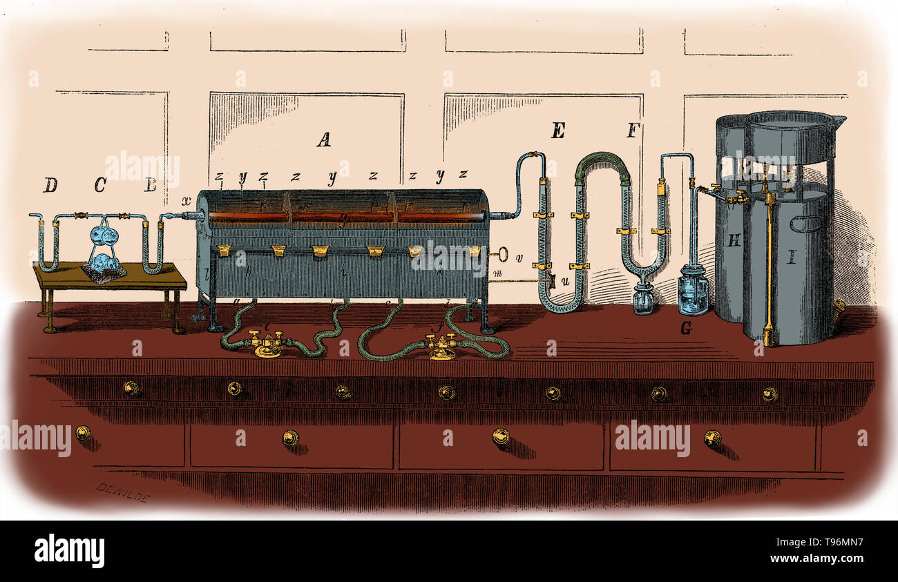 Liebig's apparatus for organic analysis, modified by Hofmann for use with gas as source of heat, 1853. Justus Freiherr von Liebig (May 12, 1803 - April 18, 1873) was a German chemist who made major contributions to agricultural and biological chemistry, and worked on the organization of organic chemistry. He devised the modern laboratory-oriented teaching method and is regarded as one of the greatest chemistry teachers of all time. Stock Photo