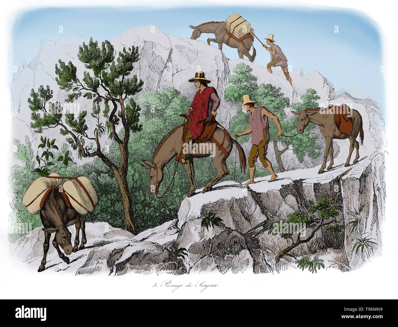The explorer and naturalist Alexander von Humboldt travelling on mules in the Andes. Humboldt (1769-1859) was a Prussian geographer, naturalist and explorer. His quantitative work on botanical geography laid the foundation for the field of biogeography. Between 1799 and 1804, Humboldt travelled extensively in Latin America, exploring and describing it for the first time in a manner generally considered to be a modern scientific point of view. Stock Photo