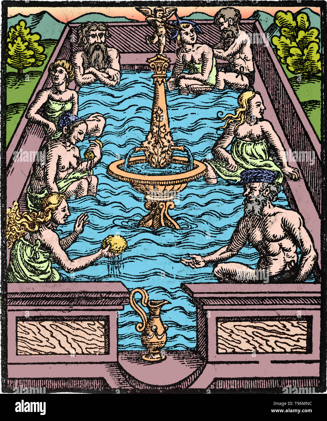 A mineral bath in the 16th century. Balneology is the branch of medical science concerned with the therapeutic value of baths, especially those taken with natural mineral waters. Balneotherapy may involve hot or cold water, massage through moving water, relaxation or stimulation. Many mineral waters at spas are rich in particular minerals (silica, sulfur, selenium, radium) which can be absorbed through the skin. Stock Photo