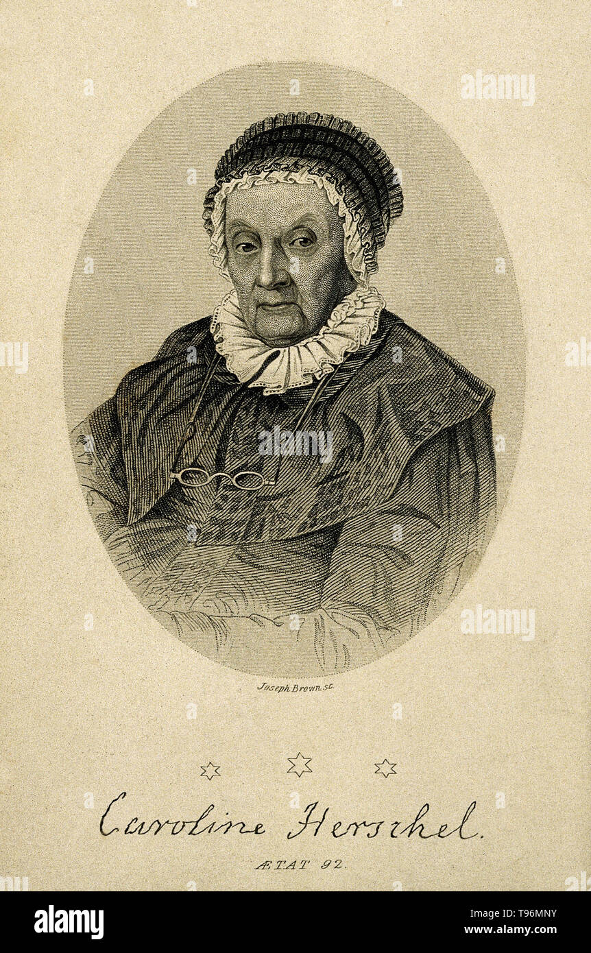 Caroline Herschel, aged 92. Stipple engraving by Joseph Brown. Caroline Lucretia Herschel (March 16, 1750 - January 9, 1848) was a German astronomer. At the age of ten, Caroline was struck with typhus and suffered vision loss in her left eye as a result of her illness. Her mother felt it was best for her to train to be a house servant rather than becoming educated in accordance with her father's wishes. Stock Photo