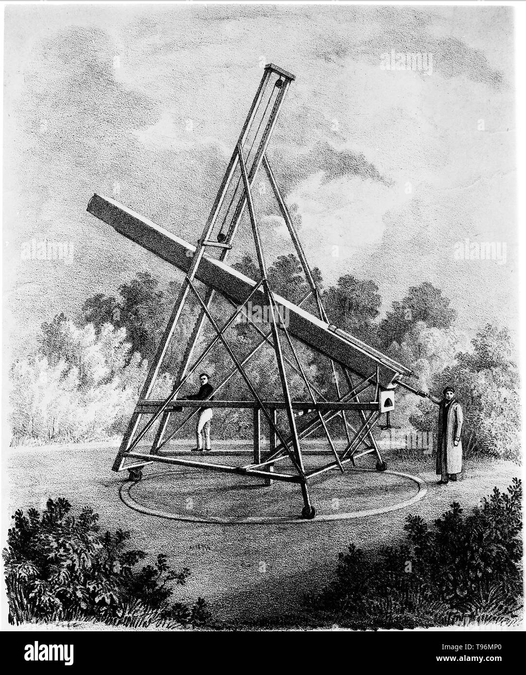 Temporary mounting of an achromatic refracting telescope, the property of E.J. Cooper, Esq. Lithograph from 1831. Illustrated London News. The achromatic refracting lens was invented in 1733 by an English barrister named Chester Moore Hall, although it was independently invented and patented by John Dollond around 1758. Stock Photo