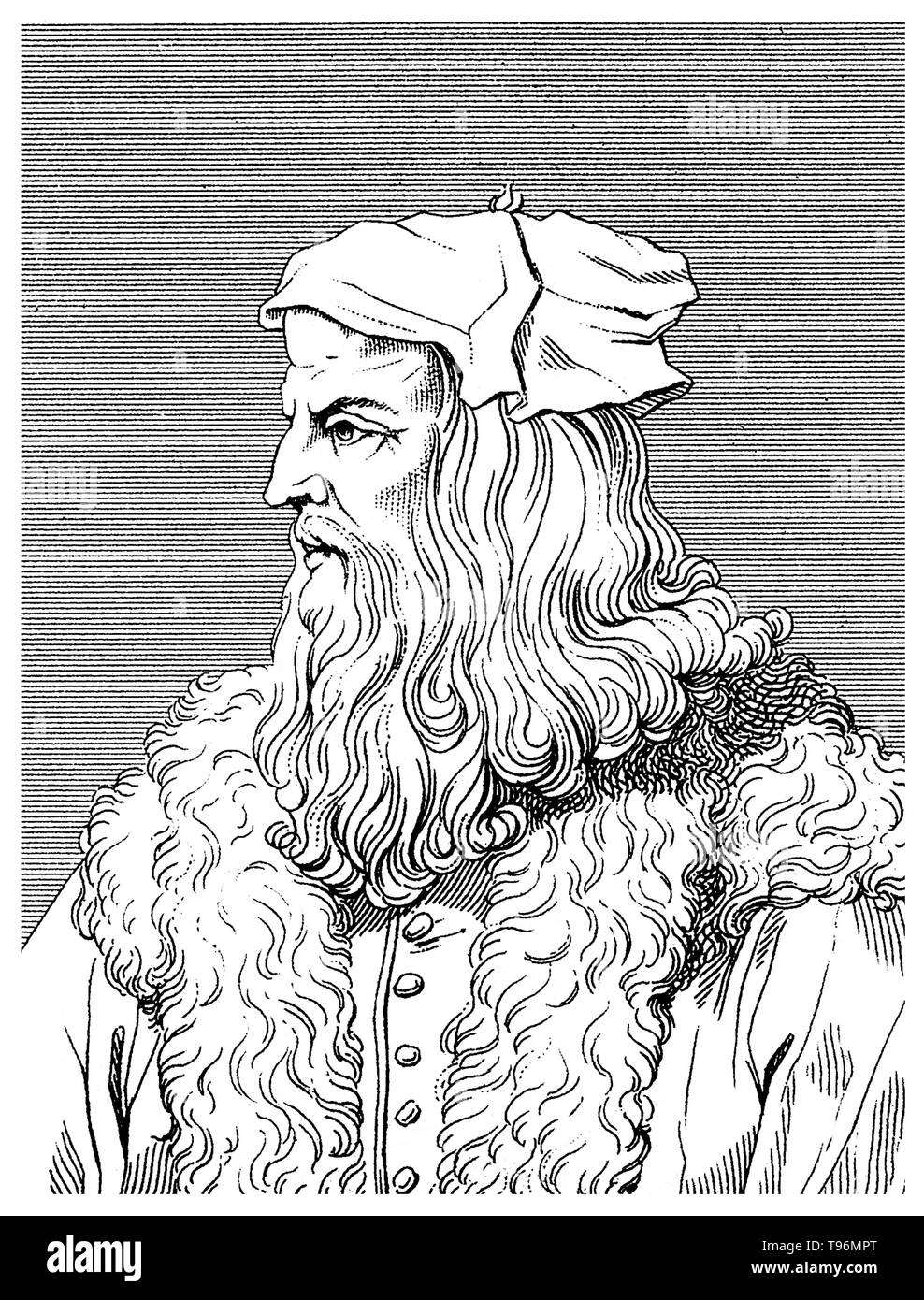Leonardo di ser Piero da Vinci (April 15, 1452 - May 2, 1519) was an Italian Renaissance polymath: painter, sculptor, architect, musician, mathematician, engineer, inventor, anatomist, geologist, cartographer, botanist, and writer. His genius, perhaps more than that of any other figure, epitomized the Renaissance humanist ideal, often been described as the archetype of the Renaissance Man.  Line engraving by George Cooke, undated. Stock Photo