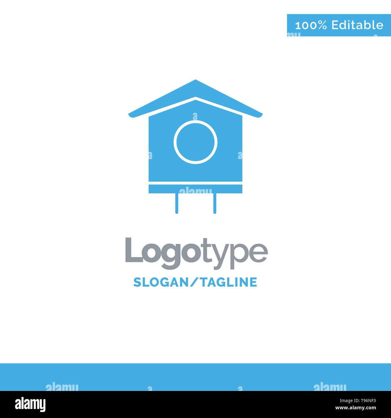 House, Bird, Birdhouse, Spring Blue Solid Logo Template. Place for