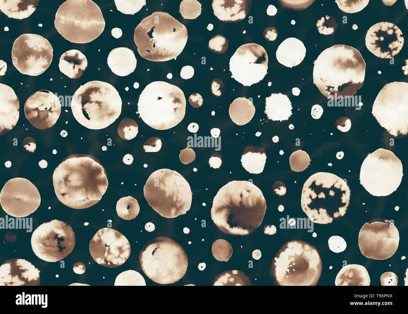 Abstract seamless pattern with watercolor and ink circles on black background. Hand-drawn background polka dot. Template for design. Stock Photo