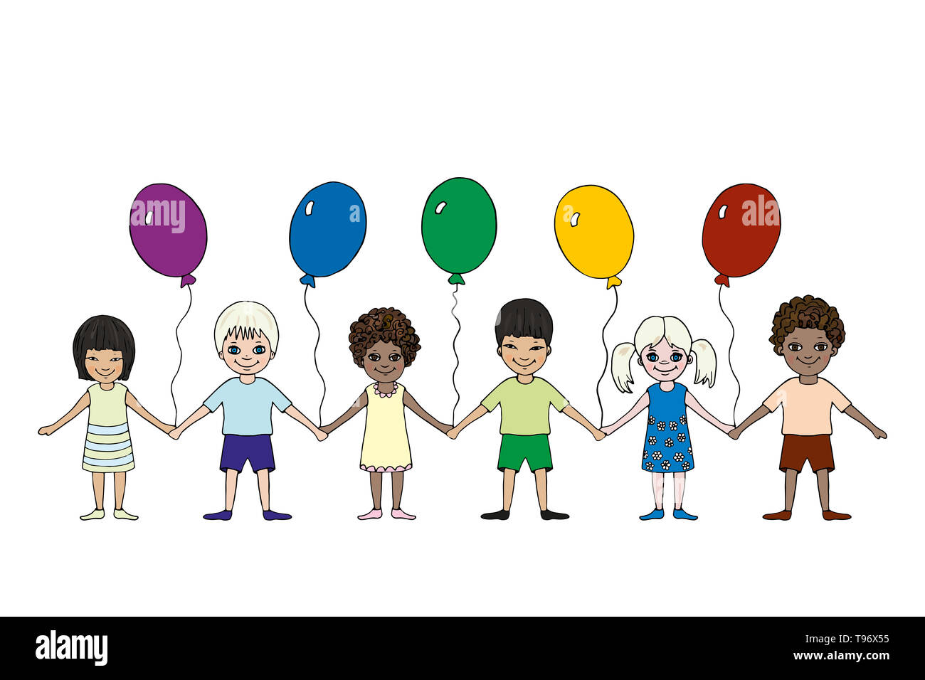 Happy little children of different races hold hands. International Children's Day. Hand drawn. Vector picture Stock Photo