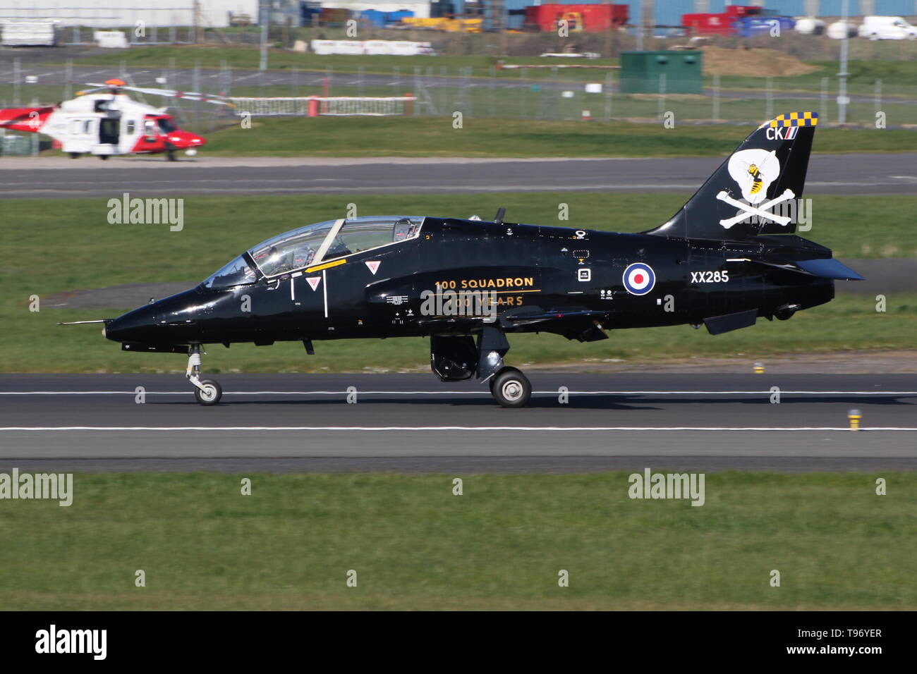 XX285, a BAe Hawk T1 operated by 100 Squadron, Royal Air Force, arriving back at Prestwick Airport after a sortie during Exercise Joint Warrior 19-1. Stock Photo