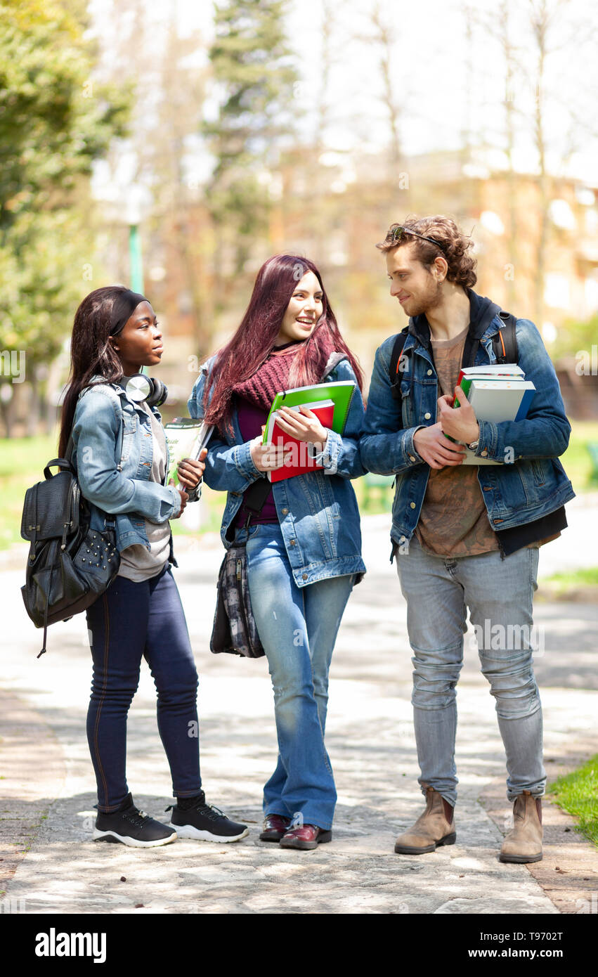 Three young students in the outdoor park. Multiracial group concept. Stock Photo