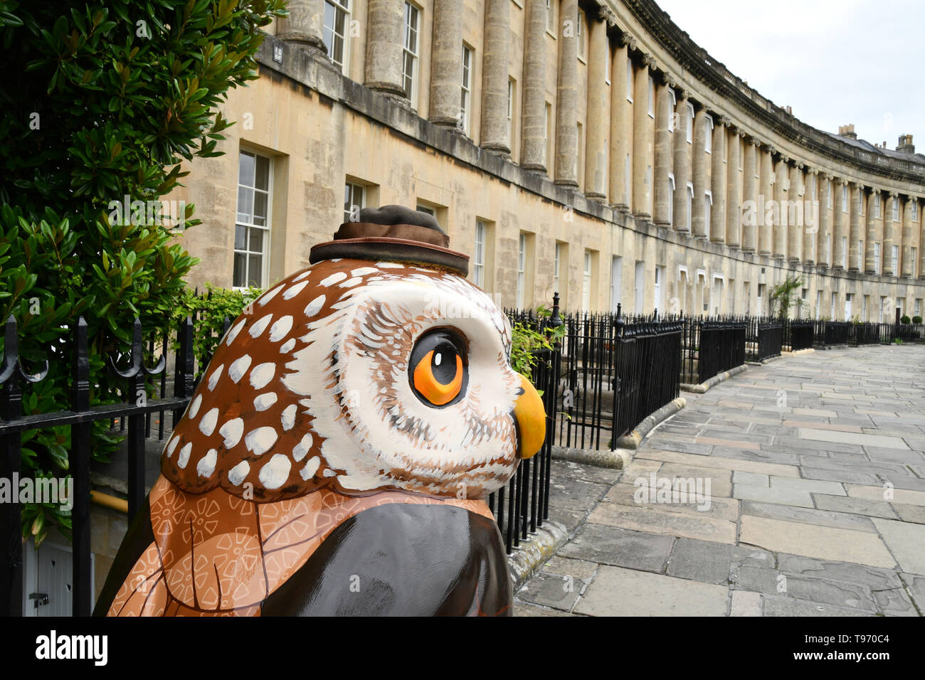 One of the Owls of Bath on the Royal Crescent  in Bath during 2018 event.All of the Owls were sponsored and auctioned at the end of the event with  pr Stock Photo