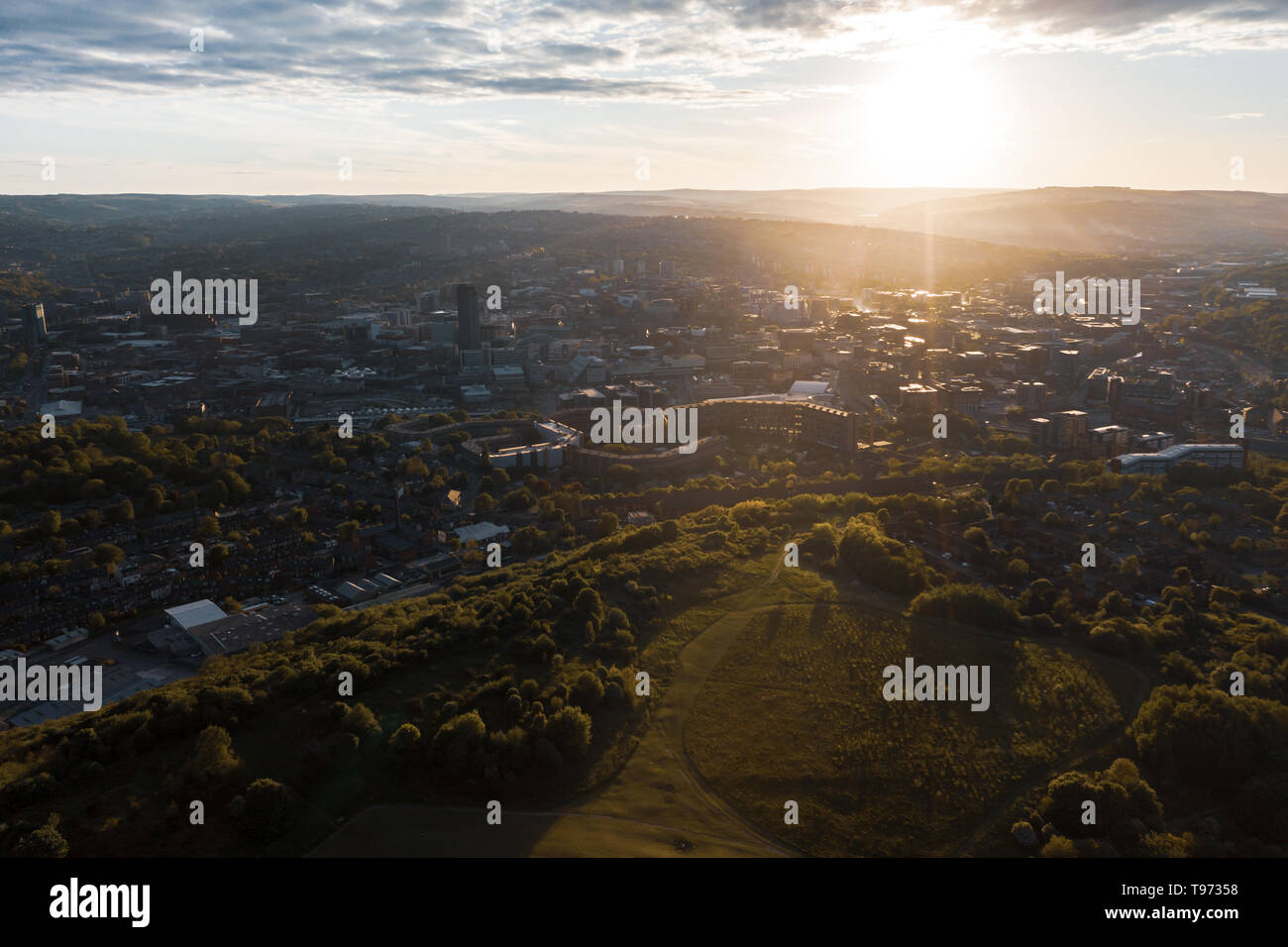 High aerial Shot of Sheffield City Centre at Sunset Stock Photo