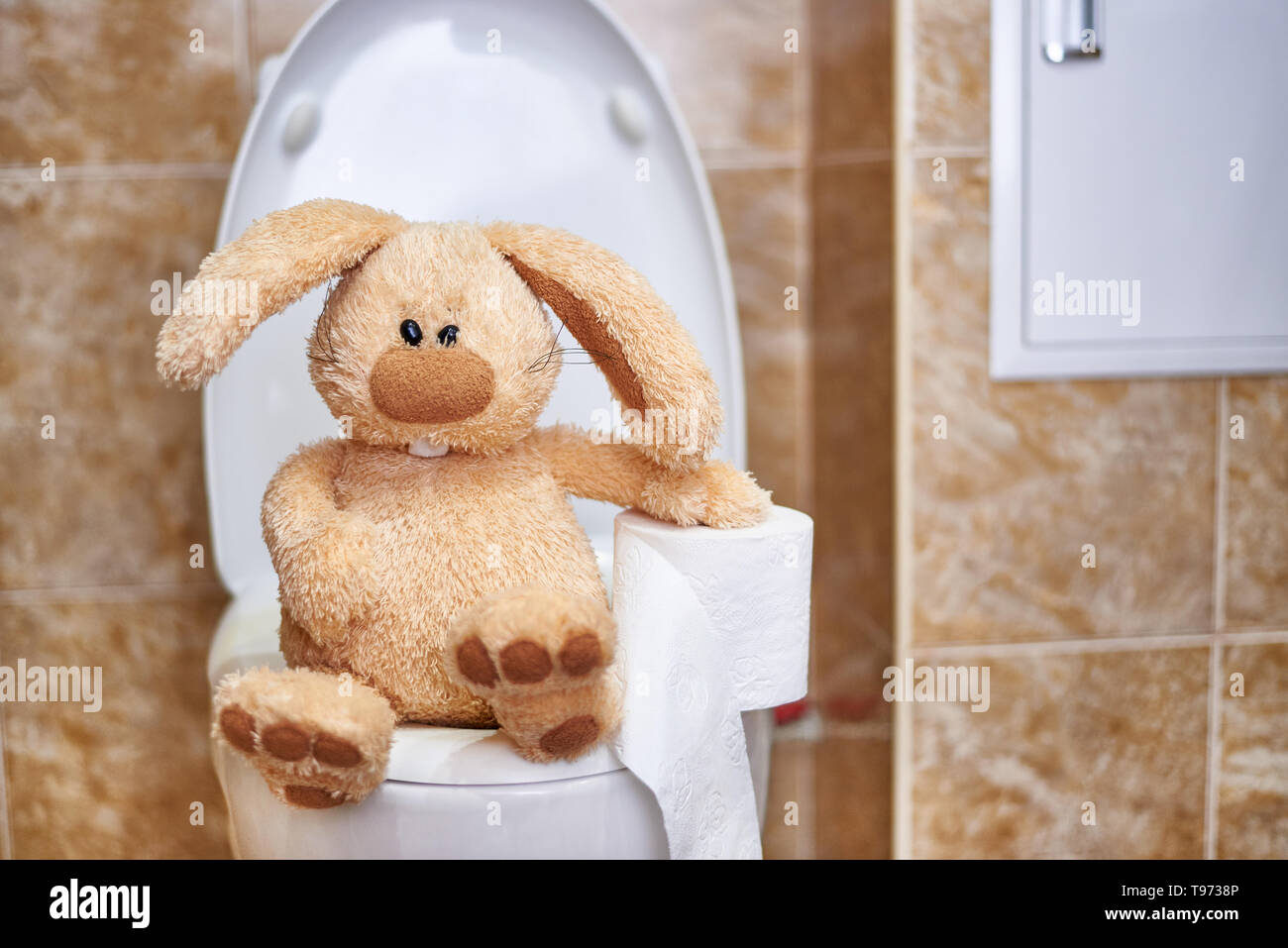 Soft stuffed rabbit with toilet paper in the toilet. Concept of