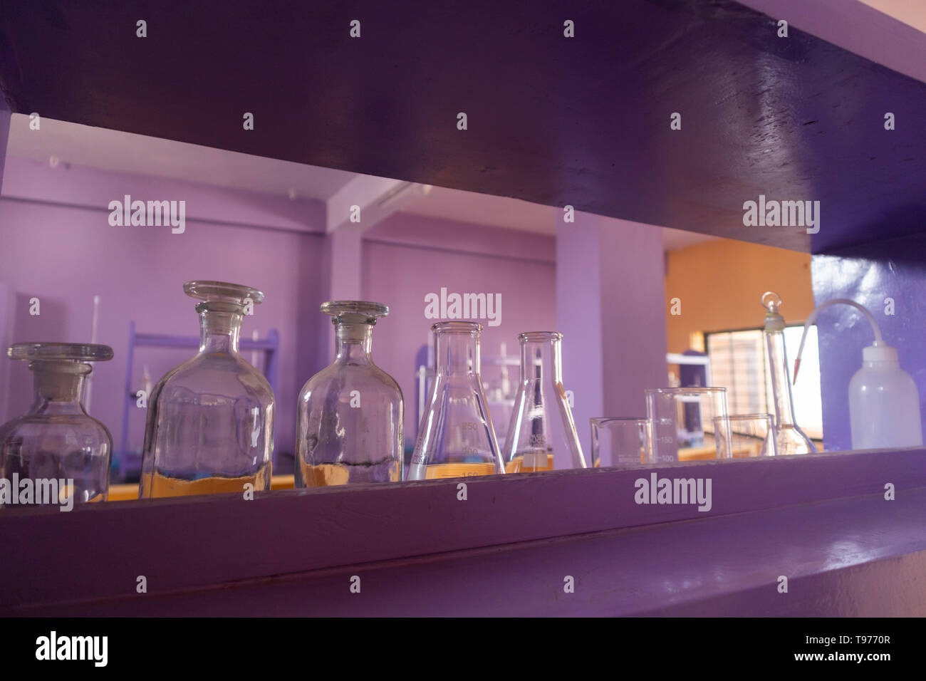 Closeup of Well arranged empty glass tubes at Empty Science laboratory Stock Photo