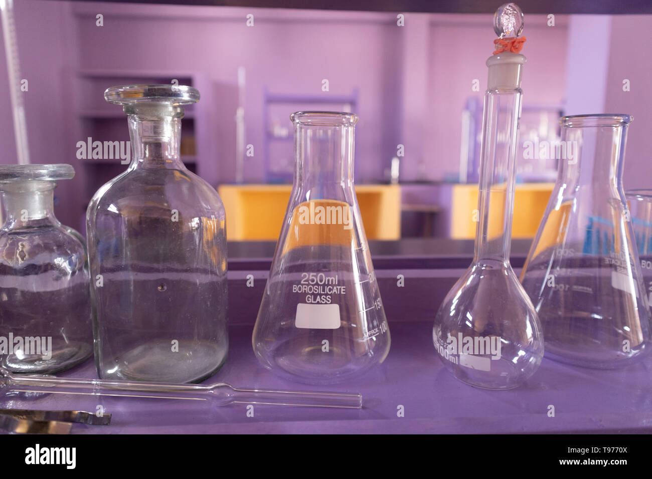 Closeup of Well arranged empty glass tubes at Empty Science laboratory Stock Photo