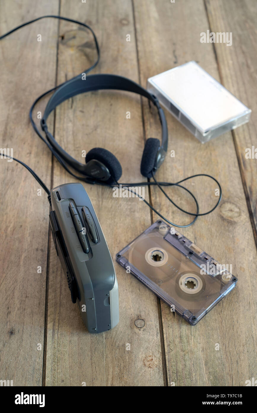 headphones, cassette tape and walkman viewed from above Stock Photo Alamy