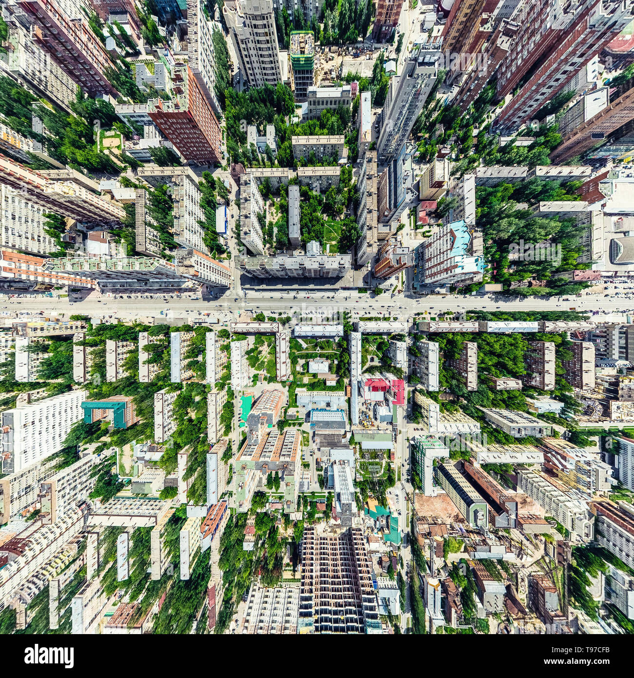 Aerial City View With Crossroads And Roads Houses Buildings Parks 