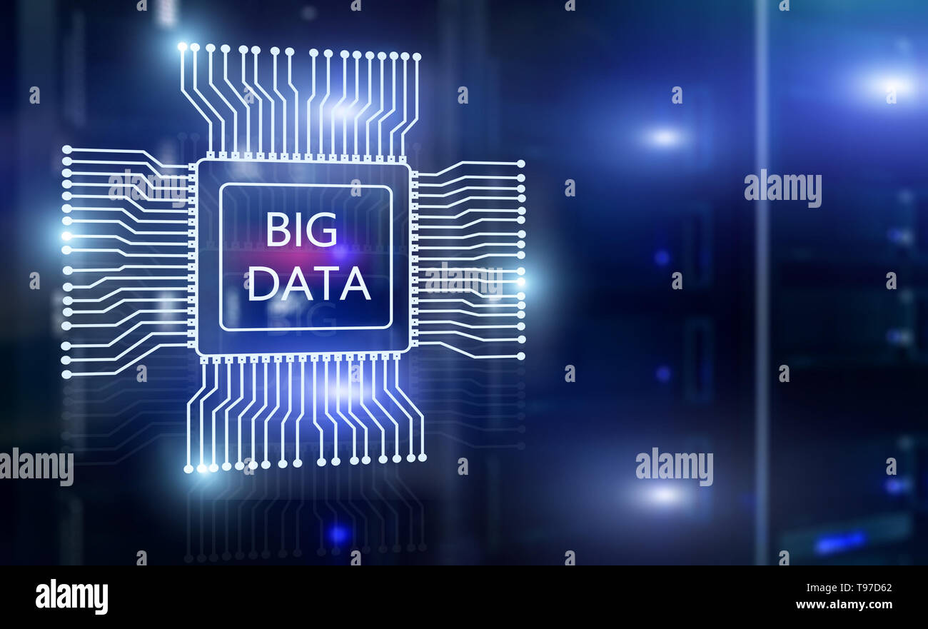 Big Data Concept on modern server room. Blue Technology Background ...