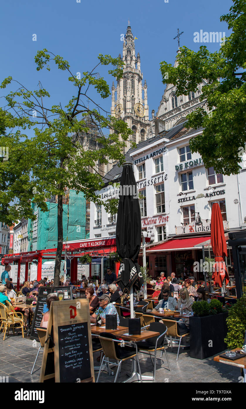 Cafes, bars, restaurants on Groenplaats, in the city center of Antwerp, Flanders, Belgium, Stock Photo
