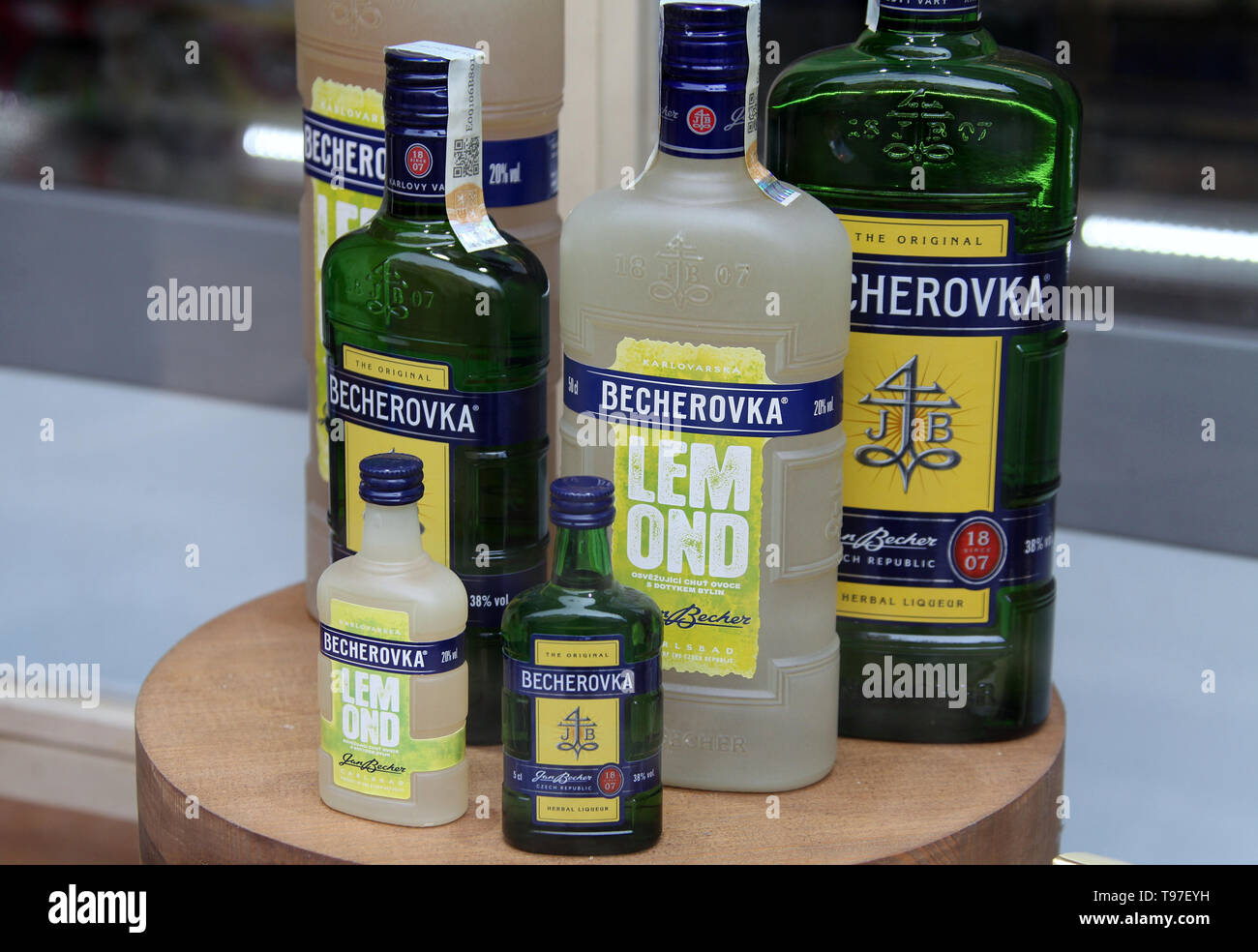 Bottles of Becherovka in the Czech Republic Stock Photo