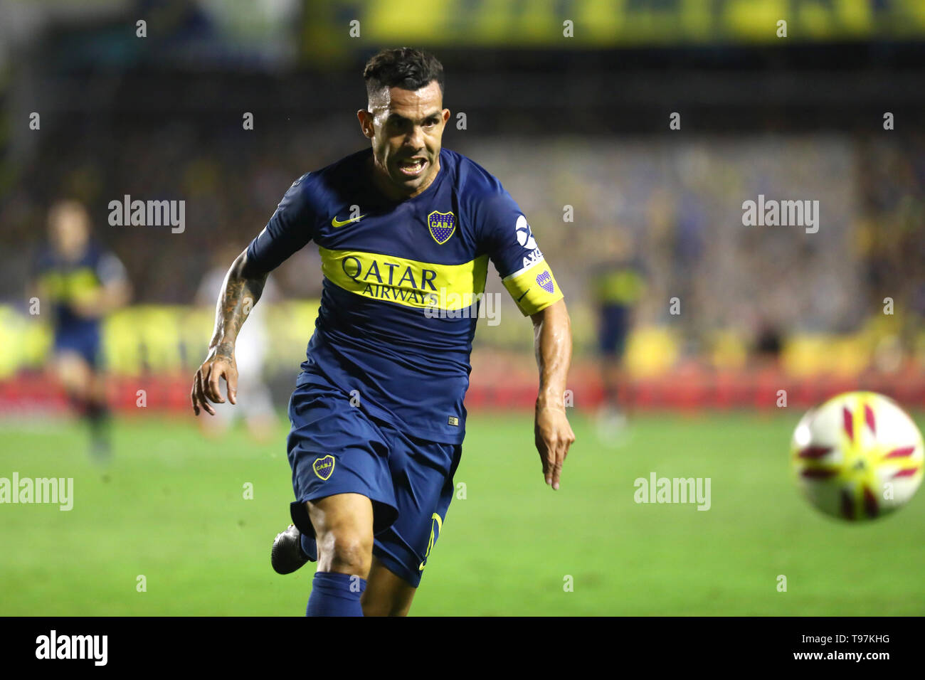 Buenos Aires, Argentina - May 16, 2019: Carlos Tevez (boca Juniors) chasing the ball in the match against Velez for the Superliga cup 2019 in Buenos A Stock Photo