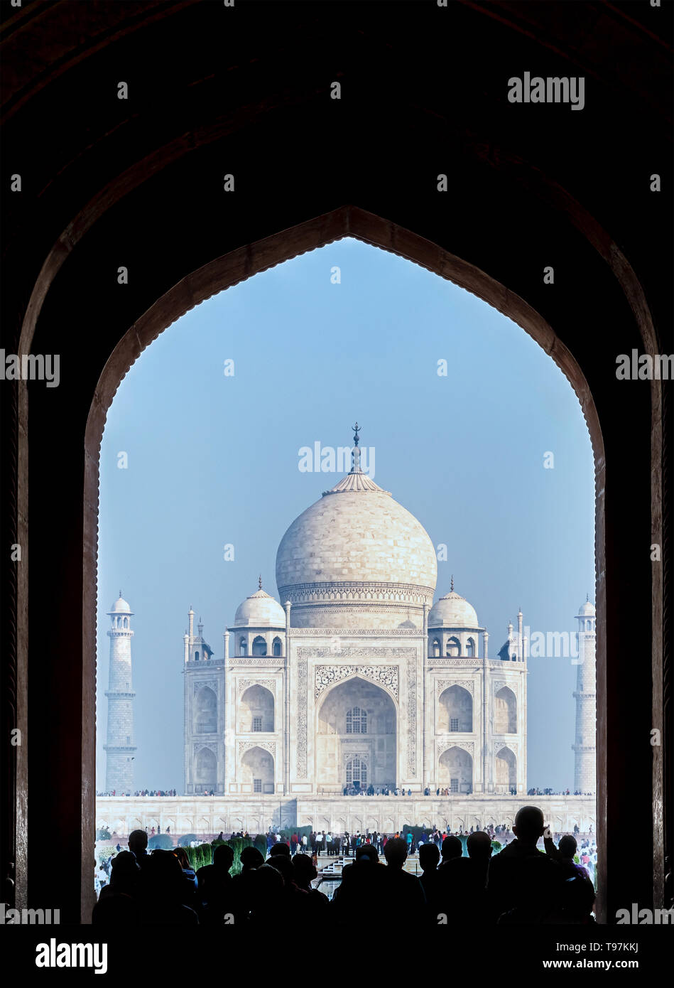 Visiting Taj Mahal build in 17th century by Moghul Emperor Shah Jehan in memory of his beloved wife Mumtaz Mahal. Stock Photo