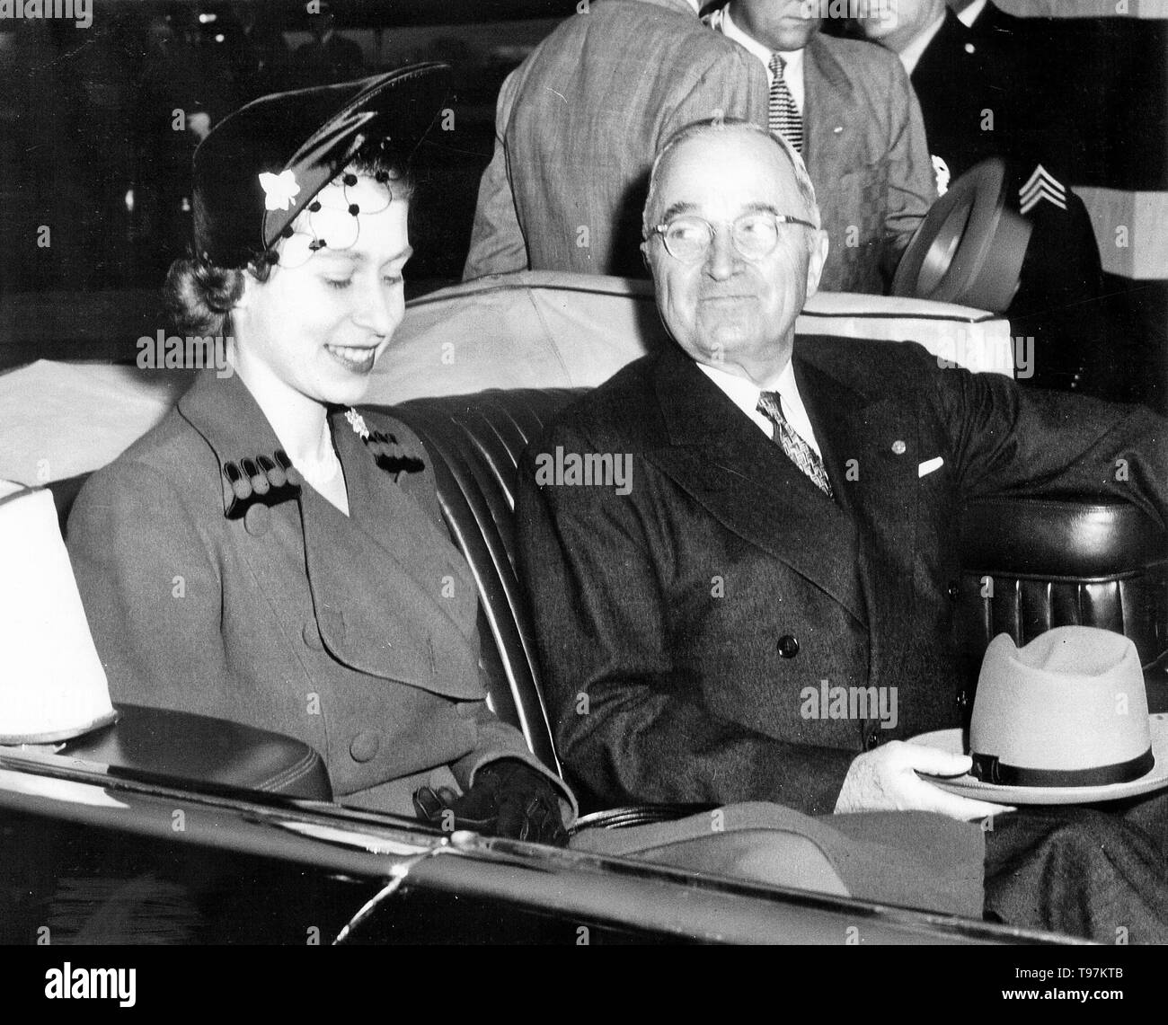 Photograph of President Harry S. Truman and England's Princess Elizabeth in Limousine, 10/31/1951 Stock Photo