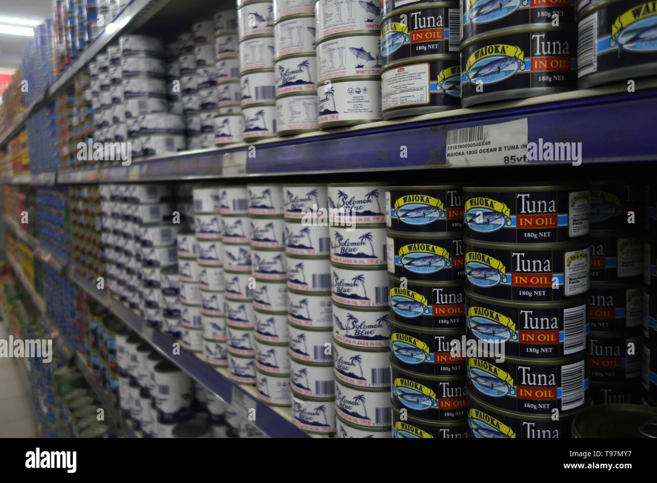 Supermarket aisle filled with tinned tuna, Port Vila, Efate, Vanuatu. No PR Stock Photo