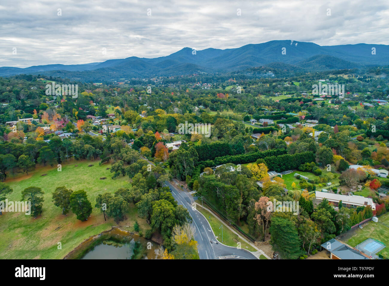 Scenic gree rural area with houses among trees surrounded by mountains