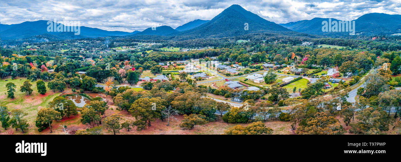 Aerial panorama of Healesville town in fall, Victoria, Australia Stock Photo