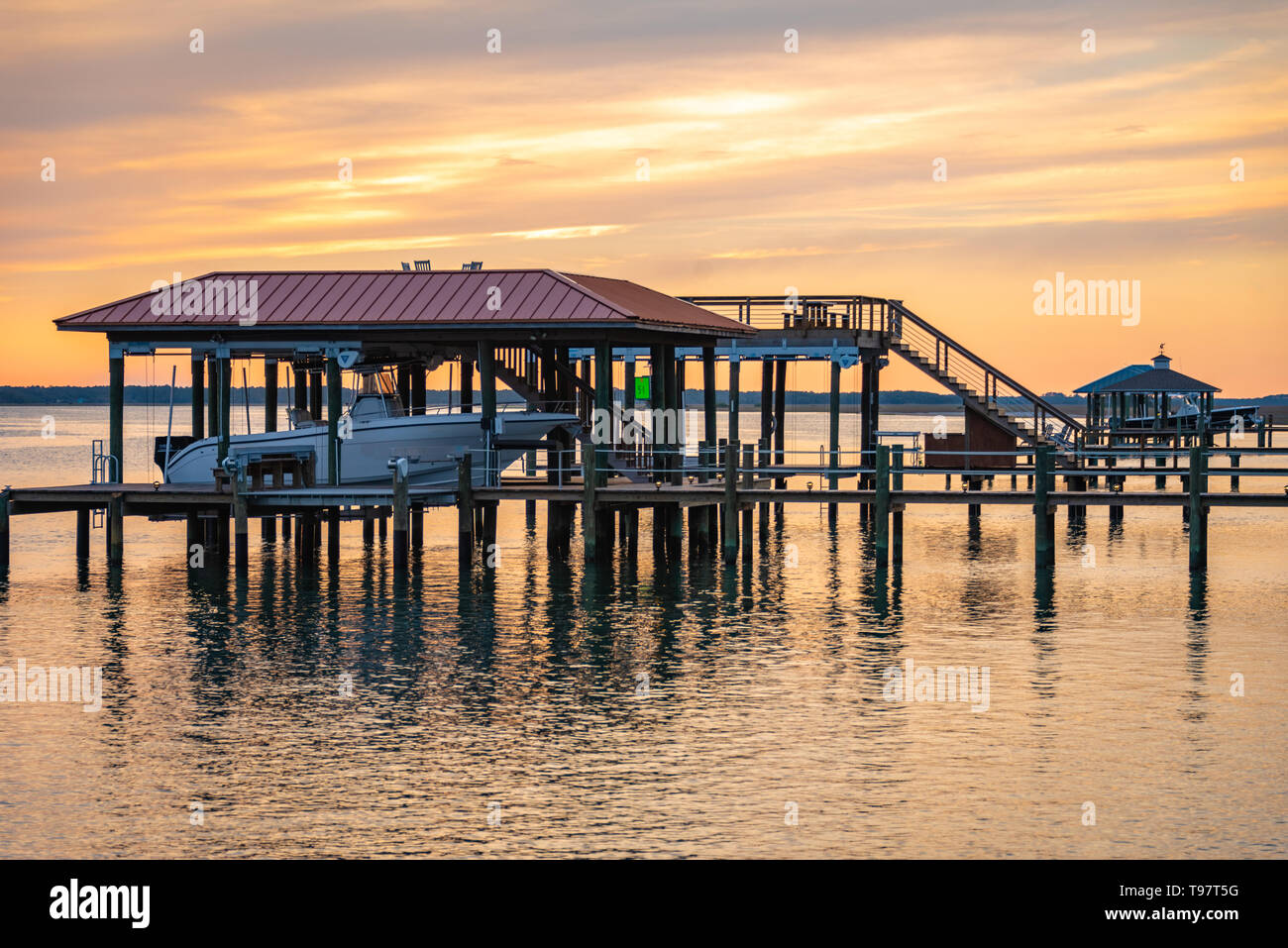 Sunset view of boat docks on the Tolomato River (Intracoastal Waterway) in St. Augustine, Florida. (USA) Stock Photo